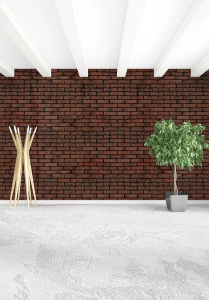 Beyaz yatak odası en az stil iç tasarım ahşap duvar ve gri Kanepeli. 3D render.