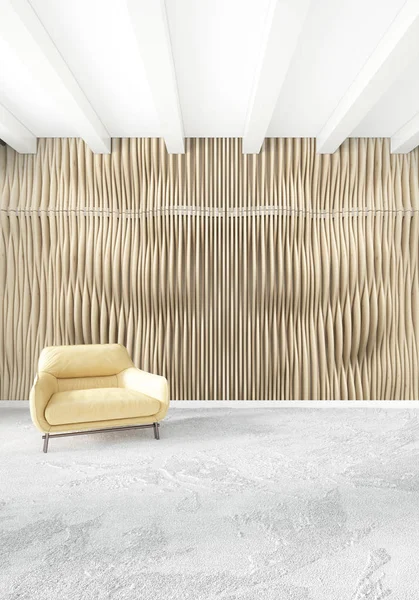 Modern yatak odası sarı kanepe lüks en az tarzı iç çatı tasarımı ile eklektik duvar. 3D render.
