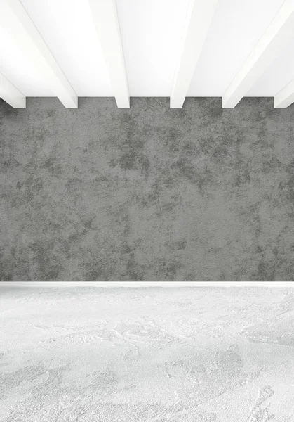 Beyaz yatak odası en az stil iç tasarım ahşap duvar ve gri Kanepeli. 3D render.