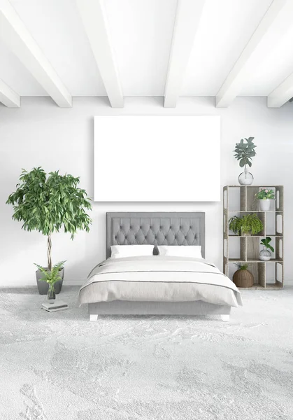 Chambre blanche style minimal Design intérieur avec mur en bois et canapé gris. Rendu 3D . — Photo