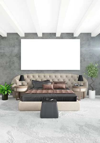 Beyaz yatak odası en az stil iç tasarım ahşap duvar ve gri Kanepeli. 3D render.