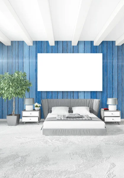Beyaz yatak odası en az stil iç tasarım ahşap duvar ve gri Kanepeli. 3D render.