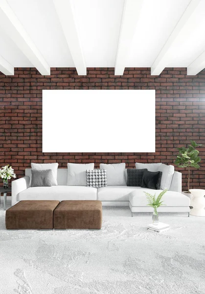 Beyaz yatak odası en az stil iç tasarım ahşap duvar ve gri Kanepeli. 3D render.