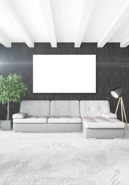 Beyaz yatak odası en az stil iç tasarım ahşap duvar ve gri Kanepeli. 3D render.