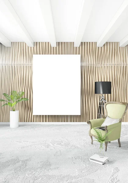 Beyaz yatak odası en az stil iç tasarım ahşap duvar ve gri Kanepeli. 3D render.