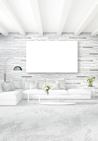 Kamar tidur putih desain minimal interior dengan dinding kayu dan sofa abu-abu. Perenderan 3D . — Stok Foto