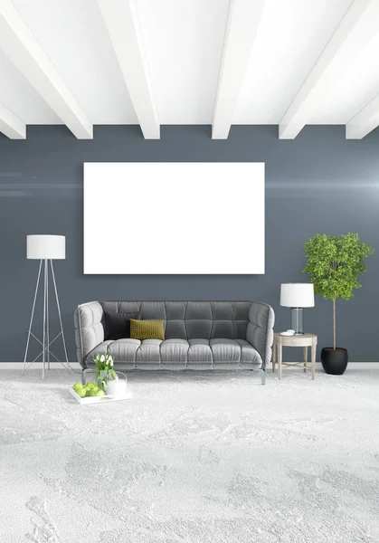 White bedroom minimal style Interior design with wood wall and grey sofa. 3D Rendering.