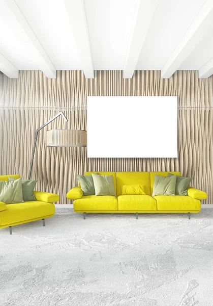 Beyaz yatak odası en az stil iç tasarım ahşap duvar ve gri Kanepeli. 3D render.