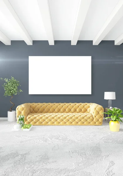 Beyaz yatak odası en az stil iç tasarım ahşap duvar ve gri Kanepeli. 3D render.