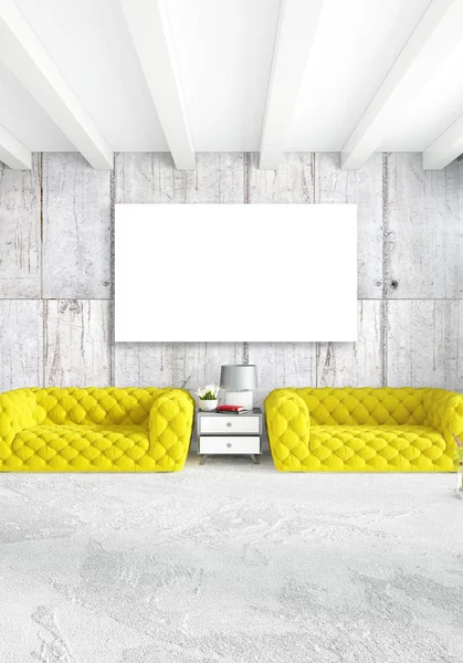 Beyaz yatak odası en az stil iç tasarım ahşap duvar ve gri Kanepeli. 3D render.