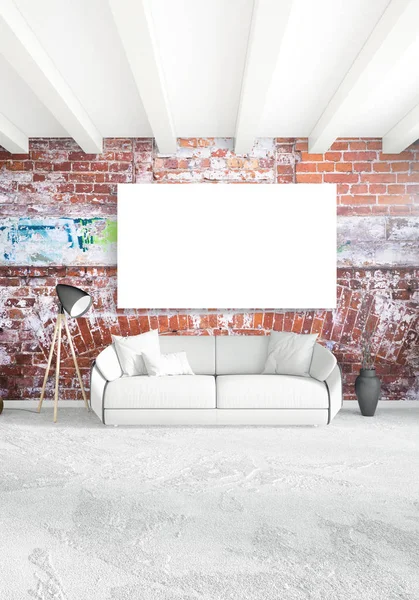 Beyaz yatak odası en az stil iç tasarım ahşap duvar ve gri Kanepeli. 3D render.