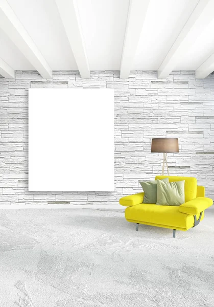 Beyaz yatak odası en az stil iç tasarım ahşap duvar ve gri Kanepeli. 3D render.