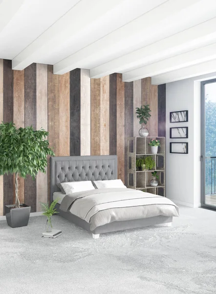Beyaz yatak odası en az stil iç tasarım ahşap duvar ve gri Kanepeli. 3D render.
