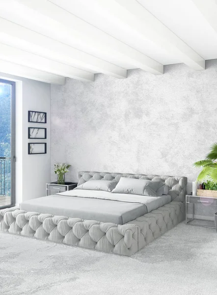 Weißes Schlafzimmer minimalistisches Interieur mit Holzwand und grauem Sofa. 3D-Darstellung. — Stockfoto