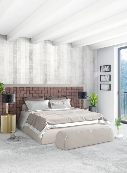 Camera da letto bianca dallo stile minimale Interior design con parete in legno e divano grigio. Rendering 3D . — Foto Stock