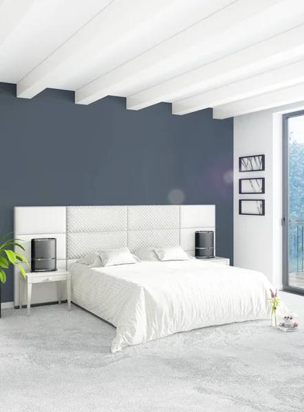 Fehér hálószoba minimál stílusú belső kialakítással és fából készült fal és a kanapé szürke. 3D-leképezés. — Stock Fotó