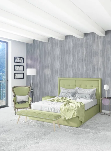 Beyaz yatak odası en az stil iç tasarım ahşap duvar ve gri Kanepeli. 3D render.