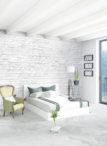 Белая спальня минимального стиля Interior дизайн с деревянной стеной и серым диваном. 3D рендеринг . — стоковое фото