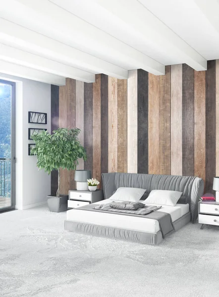 Beyaz yatak odası en az stil iç tasarım ahşap duvar ve gri Kanepeli. 3D render.