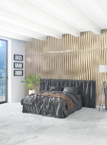 Beyaz yatak odası en az stil iç tasarım ahşap duvar ve gri Kanepeli. 3D render.