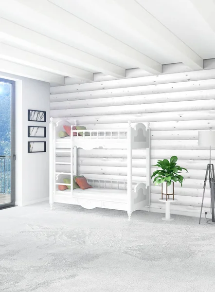 Beyaz yatak odası en az stil iç tasarım ahşap duvar ve gri Kanepeli. 3D render.