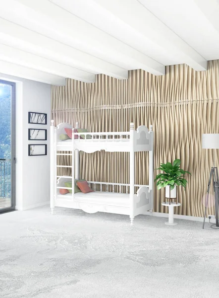 Beyaz yatak odası en az stil iç tasarım ahşap duvar ve gri Kanepeli. 3D render.