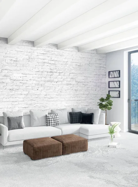 Beyaz yatak odası en az stil iç tasarım ahşap duvar ve gri Kanepeli. 3D render.