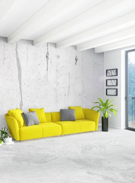 Dormitorio blanco de estilo minimalista Diseño interior con pared de madera y sofá gris. Renderizado 3D . —  Fotos de Stock