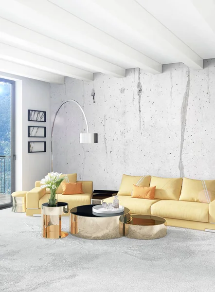 Beyaz yatak odası en az stil iç tasarım ahşap duvar ve gri Kanepeli. 3D render.