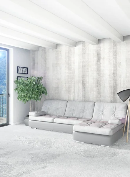 Beyaz yatak odası en az stil iç tasarım ahşap duvar ve gri Kanepeli. 3D render.