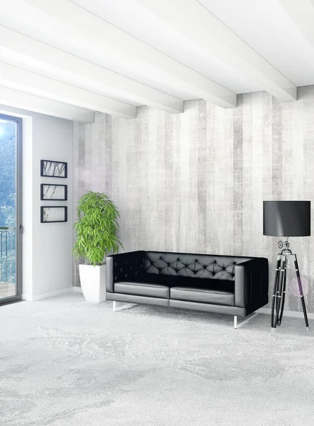 Beyaz yatak odası en az stil iç tasarım ahşap duvar ve gri Kanepeli. 3D render.