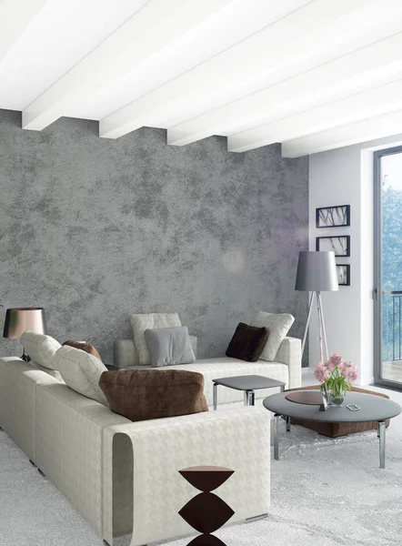 Beyaz yatak odası en az stil iç tasarım ahşap duvar ve gri Kanepeli. 3D render.