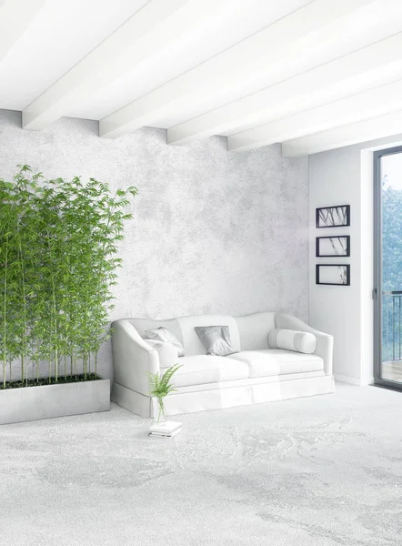 Beyaz yatak odası en az stil iç tasarım ahşap duvar ve gri Kanepeli. 3D render.