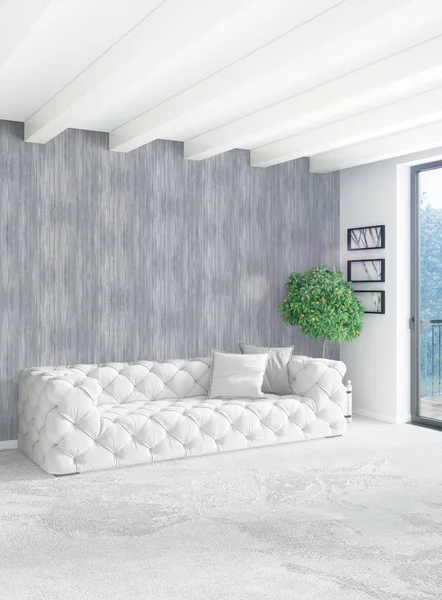 Quarto branco estilo mínimo Design de interiores com parede de madeira e sofá cinza. Renderização 3D . — Fotografia de Stock