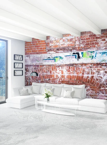 Beyaz yatak odası en az stil iç tasarım ahşap duvar ve gri Kanepeli. 3D render.