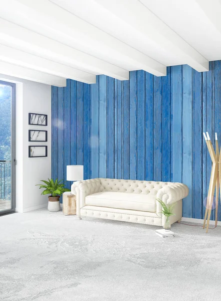 Beyaz yatak odası en az stil iç tasarım ahşap duvar ve gri Kanepeli. 3D render.