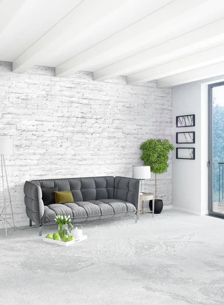 Beyaz yatak odası en az stil iç tasarım ahşap duvar ve gri Kanepeli. 3D render.