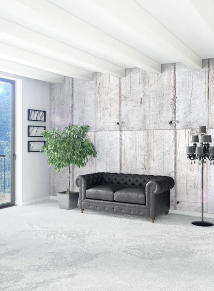 Beyaz yatak odası en az stil iç tasarım ahşap duvar ve gri Kanepeli. 3D render.