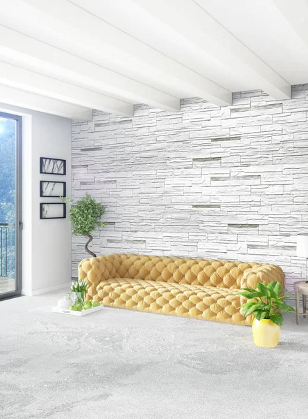 Beyaz yatak odası en az stil iç tasarım ahşap duvar ve gri Kanepeli. 3D render.