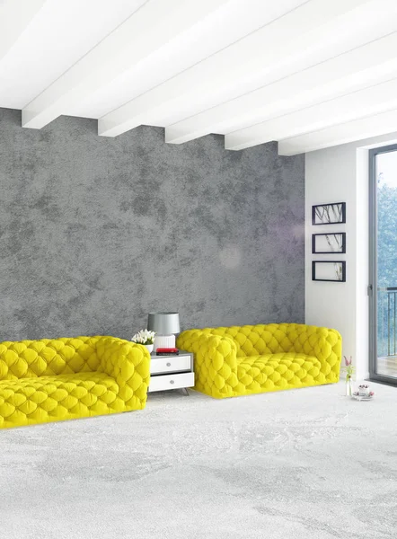 Beyaz yatak odası en az stil iç tasarım ahşap duvar ve gri Kanepeli. 3D render.