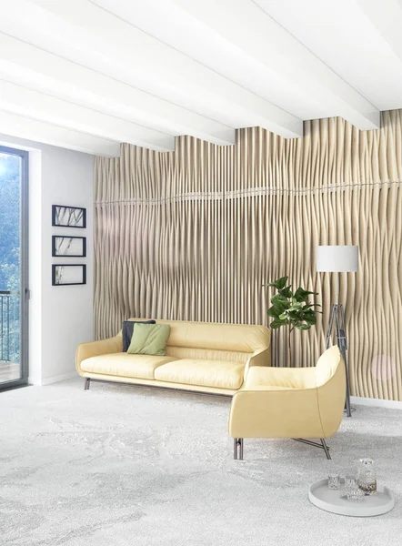 Beyaz yatak odası en az stil iç tasarım ahşap duvar ve gri Kanepeli. 3D render.