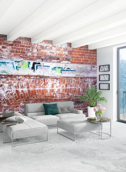 Beyaz yatak odası en az stil iç tasarım ahşap duvar ve gri Kanepeli. 3D render.