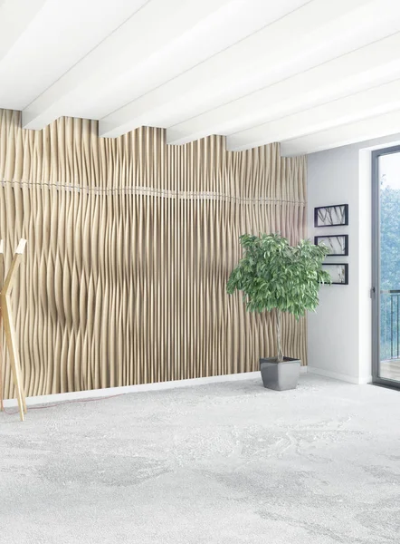 Beyaz yatak odası en az stil iç tasarım ahşap duvar ve gri Kanepeli. 3D render.