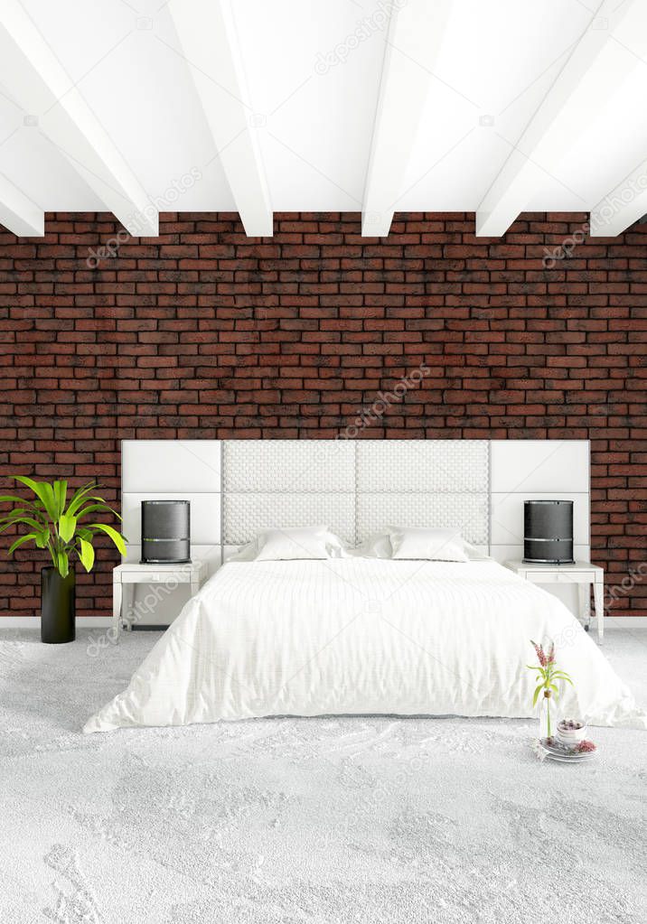 White bedroom minimal style Interior design with wood wall and grey sofa. 3D Rendering.