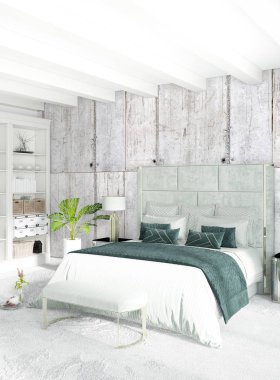 Beyaz yatak odası en az stil iç tasarım ahşap duvar ve gri Kanepeli. 3D render.