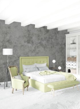 Beyaz yatak odası en az stil iç tasarım ahşap duvar ve gri Kanepeli. 3D render.