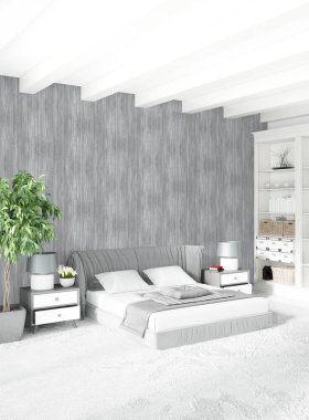 Beyaz yatak odası en az stil iç tasarım ahşap duvar ve gri Kanepeli. 3D render.
