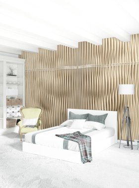 Beyaz yatak odası en az stil iç tasarım ahşap duvar ve gri Kanepeli. 3D render.