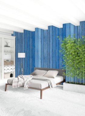 Beyaz yatak odası en az stil iç tasarım ahşap duvar ve gri Kanepeli. 3D render.
