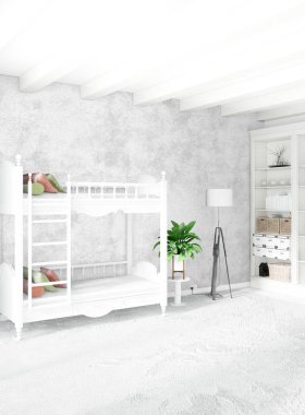 Beyaz yatak odası en az stil iç tasarım ahşap duvar ve gri Kanepeli. 3D render.